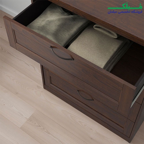 ابعاد دراور چهار کشو عریض ایکیا مدل SONGESAND رنگ قهوه ای طرح چوب