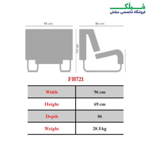 اینفوگرافی ابعاد و وزن مبل مدولار مدل FB721N1 نیلپر