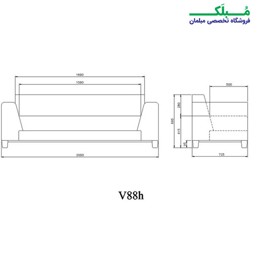 اینفوگرافی بهمراه ابعاد دقیق مبل لیو مدل V88h