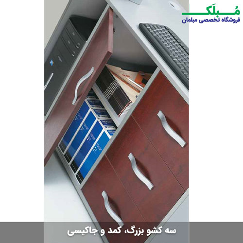 معرفی امکانات ال کناری میز شامل کمد، جاکیسی و سه عدد کشو