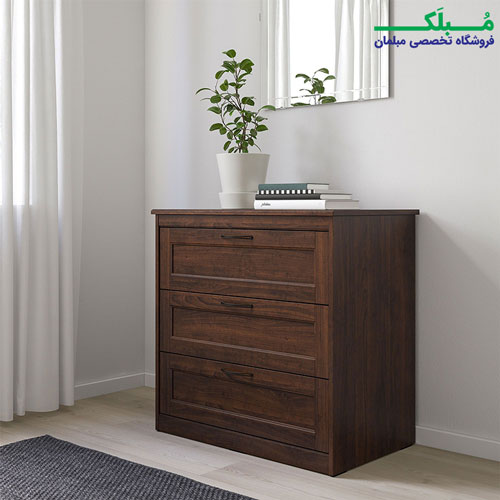 دراور سه طبقه عریض ایکیا مدل SONGESAND رنگ قهوه ای طرح چوب