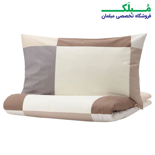 روبالشی سرویس کاور روتختی یک نفره ایکیا مدل BRUNKRISSLA طرح چهارخانه قهوه ای سفید خاکستری 2 تکه