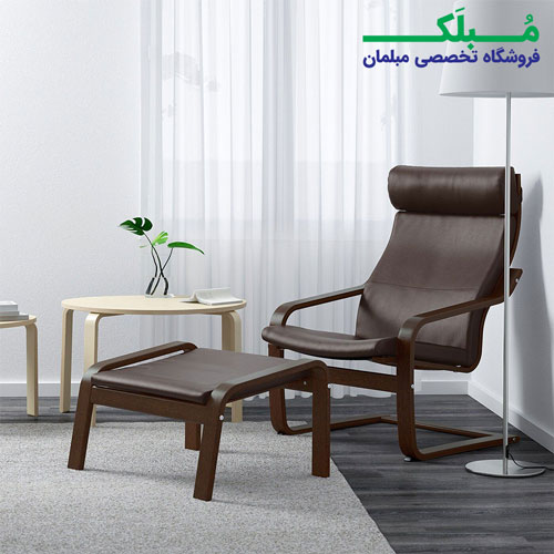 صندلی راحتی ایکیا مدل POANG بدنه قهوه ای نشیمن چرم رنگ قهوه ای تیره براق