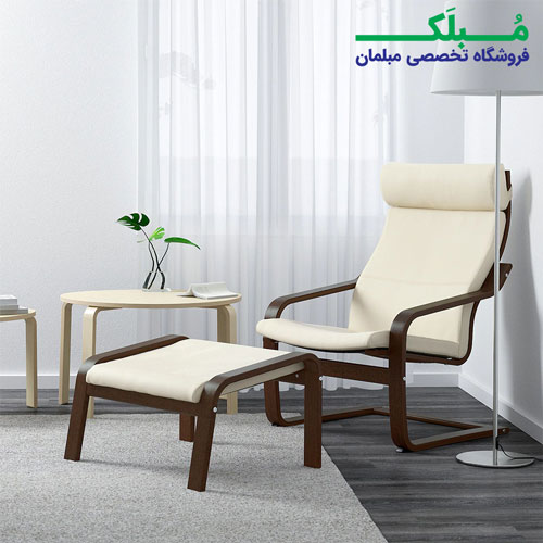 صندلی راحتی ایکیا مدل POANG بدنه قهوه ای نشیمن چرم رنگ کرم