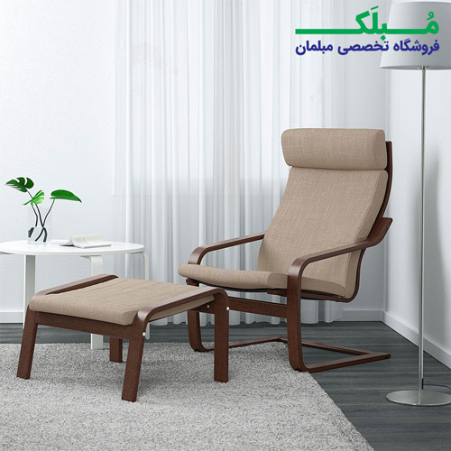 صندلی راحتی هدرست دار ایکیا مدل POANG بدنه قهوه ای نشیمن پارچه رنگ بژ