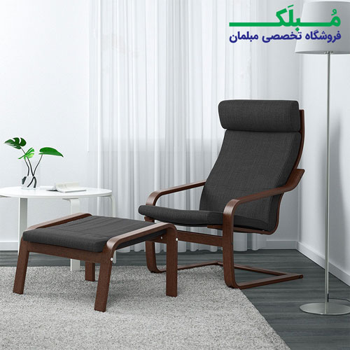 صندلی راحتی هدرست دار ایکیا مدل POANG بدنه قهوه ای نشیمن پارچه رنگ ذغالی