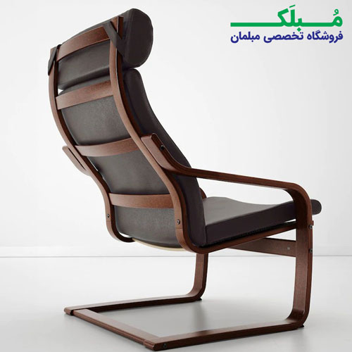 فریم صندلی راحتی ایکیا مدل POANG بدنه قهوه ای نشیمن چرم رنگ قهوه ای تیره براق