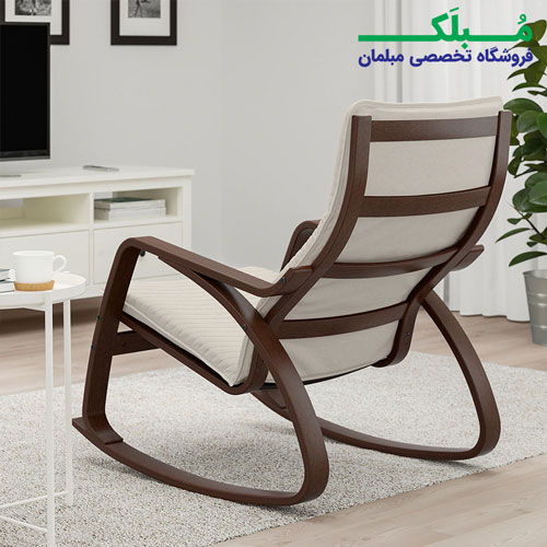 فریم صندلی راکینگ ایکیا مدل POANG بدنه قهوه ای نشیمن پارچه رنگ بژ روشن