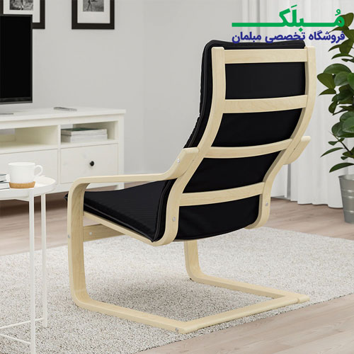 فریم چوبی صندلی راحتی ایکیا مدل POANG بدنه خودرنگ نشیمن پارچه رنگ مشکی