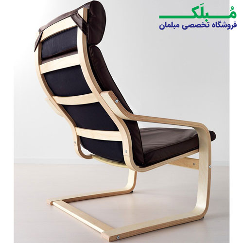 فریم چوبی صندلی راحتی ایکیا مدل POANG بدنه خودرنگ نشیمن چرم رنگ قهوه ای تیره