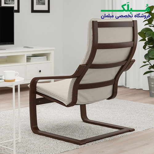 فریم چوبی صندلی راحتی ایکیا مدل POANG بدنه قهوه ای نشیمن پارچه رنگ بژ روشن
