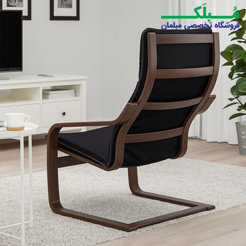 فریم چوبی صندلی راحتی ایکیا مدل POANG بدنه قهوه ای نشیمن پارچه رنگ مشکی