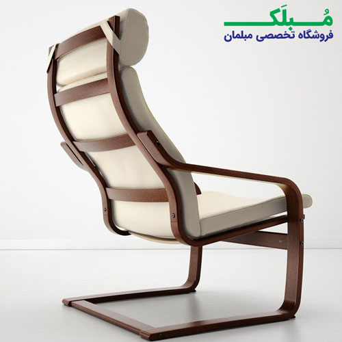 فریم چوبی صندلی راحتی ایکیا مدل POANG بدنه قهوه ای نشیمن چرم رنگ کرم
