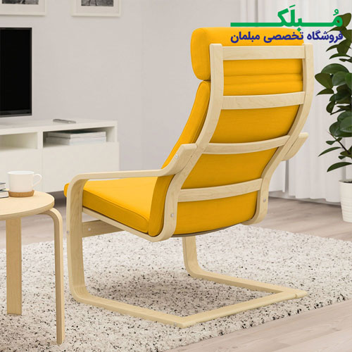 فریم چوبی صندلی راحتی هدرست دار ایکیا مدل POANG بدنه خودرنگ نشیمن پارچه رنگ زرد