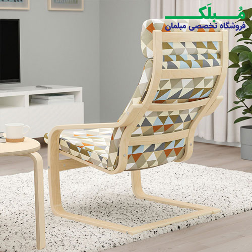 فریم چوبی صندلی راحتی هدرست دار ایکیا مدل POANG بدنه خودرنگ نشیمن پارچه طرح دار