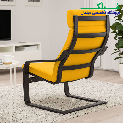 فریم چوبی صندلی راحتی هدرست دار ایکیا مدل POANG بدنه قهوه ای تیره نشیمن پارچه رنگ زرد