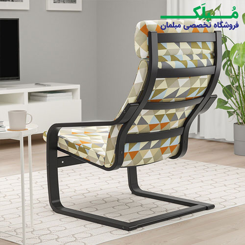 فریم چوبی صندلی راحتی هدرست دار ایکیا مدل POANG بدنه قهوه ای تیره نشیمن پارچه طرح دار