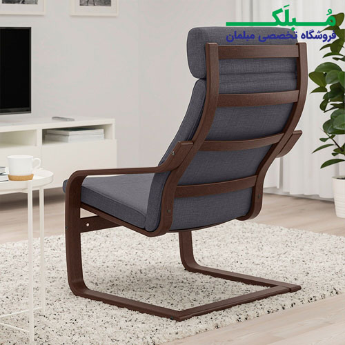 فریم چوبی صندلی راحتی هدرست دار ایکیا مدل POANG بدنه قهوه ای نشیمن پارچه خاکستری تیره