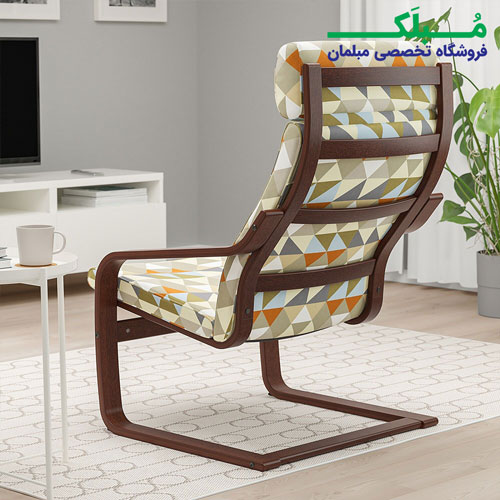فریم چوبی صندلی راحتی هدرست دار ایکیا مدل POANG بدنه قهوه ای نشیمن پارچه طرح دار