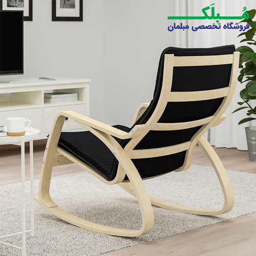فریم چوبی صندلی راک ایکیا مدل POANG بدنه خودرنگ نشیمن پارچه رنگ مشکی