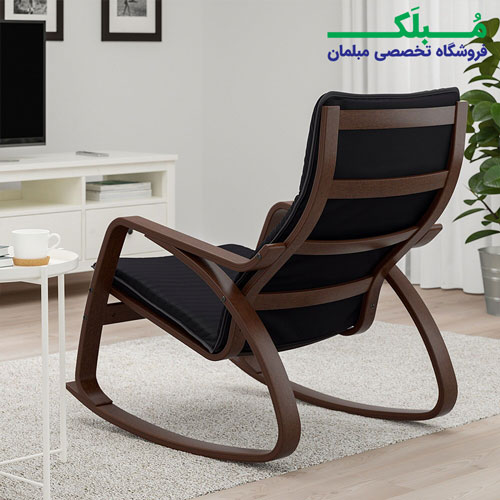 فریم چوبی صندلی راک ایکیا مدل POANG بدنه قهوه ای نشیمن پارچه رنگ مشکی