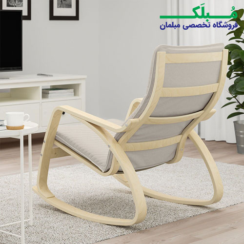 فریم چوبی صندلی راکینگ ایکیا مدل POANG بدنه خودرنگ نشیمن پارچه رنگ بژ روشن