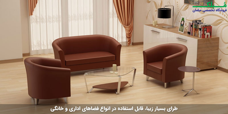 ست کامل مبل سری 98 نیلپر با رویه چرمی قهوه ای در فضای نشیمن خانه