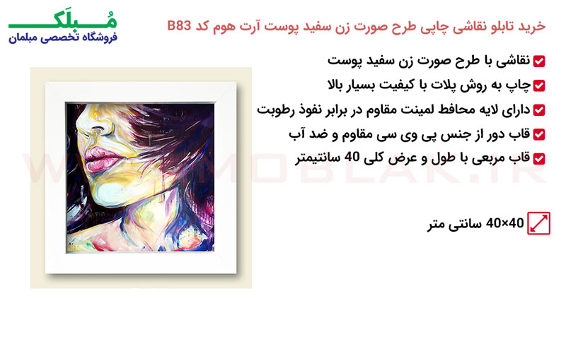 مشخصات تابلو نقاشی چاپی طرح صورت زن سفید پوست آرت هوم کد B83