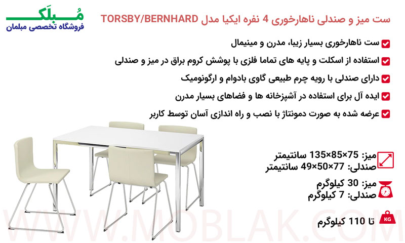 مشخصات ست میز و صندلی ناهارخوری 4 نفره ایکیا مدل TORSBY BERNHARD