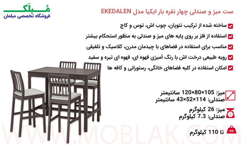 مشخصات ست میز و صندلی چهار نفره بار ایکیا مدل EKEDALEN