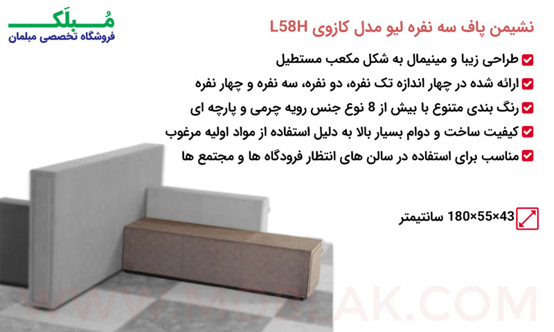 مشخصات نشیمن پاف سه نفره لیو مدل کازوی L58H