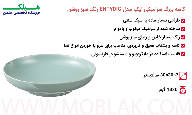 مشخصات کاسه بزرگ سرامیکی ایکیا مدل ENTYDIG رنگ سبز روشن
