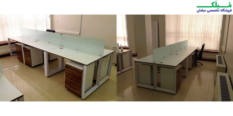 استفاده از میز کار گروهی شش نفره اکتیران در یک فضای کم عرض، طراحی شده طبق نیاز و سلیقه مشتری