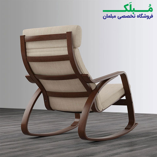 پایه چوبی صندلی راک ایکیا مدل POANG بدنه قهوه ای نشیمن پارچه رنگ بژ