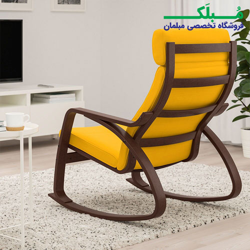 پایه چوبی صندلی راک ایکیا مدل POANG بدنه قهوه ای نشیمن پارچه رنگ زرد