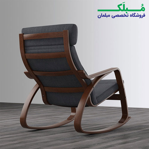 پایه چوبی صندلی راک ایکیا مدل POANG بدنه قهوه ای نشیمن پارچه رنگ زغالی