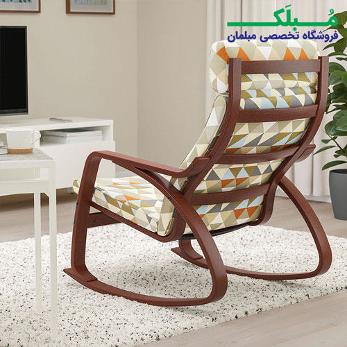 پایه چوبی صندلی راک ایکیا مدل POANG بدنه قهوه ای نشیمن پارچه طرح دار