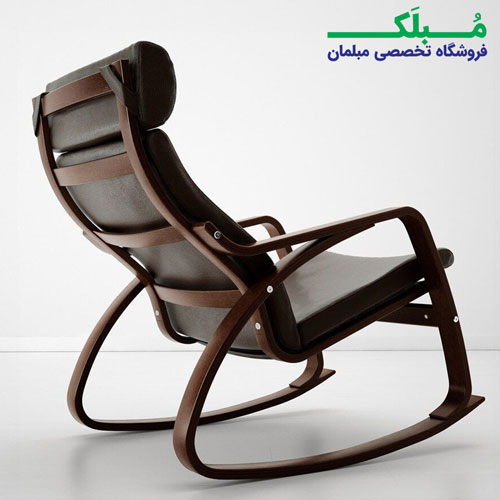 پایه چوبی صندلی راک ایکیا مدل POANG بدنه قهوه ای نشیمن چرم رنگ قهوه ای تیره براق
