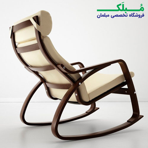 پایه چوبی صندلی راک ایکیا مدل POANG بدنه قهوه ای نشیمن چرم رنگ کرم