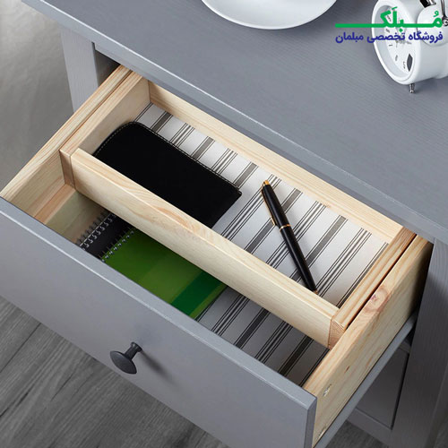 کشو کوچک داخلی میز پاتختی تمام چوب ایکیا مدل HEMNES رنگ خاکستری