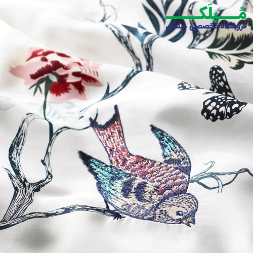 گلدوزی پرنده سرویس کاور روتختی یک نفره ایکیا مدل JATTELILJA دورو سفید ساده و طرح گل و پرنده برجسته 2 تکه
