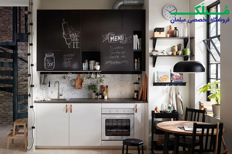 طرح کابینت آشپزخانه کوچک خلاقانه با دستگیره های چرمی