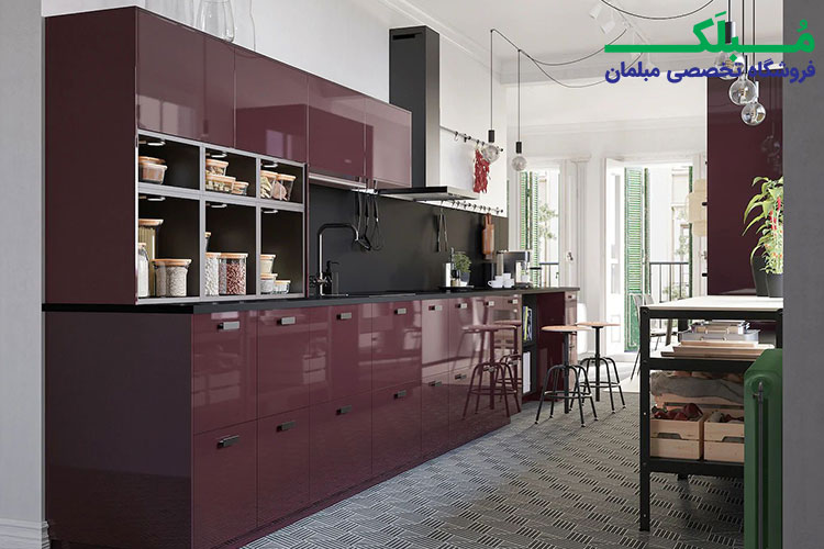 کابینت آشپزخانه طرح مینیمال براق با رنگ زرشکی